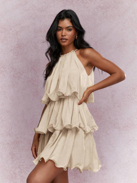 Hanging neck sleeveless chiffon ruffle edge dress