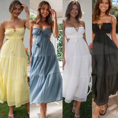 V-neck sleeveless solid color splicing large swing long dress