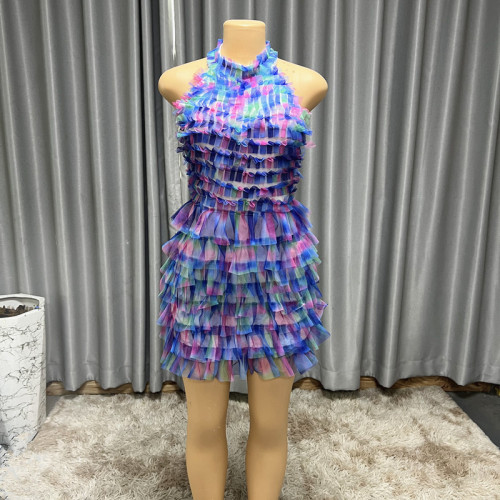 Printed gradient color discount lace multi-layer cake hanging neck and waist cinching short skirt