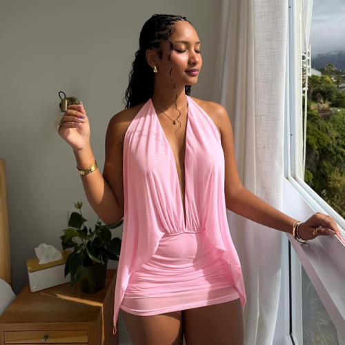 Fake two mesh neck hanging backless dresses