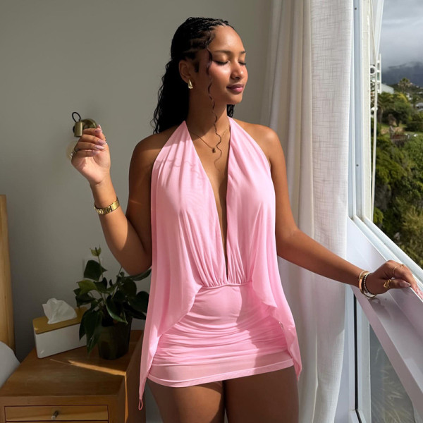 Fake two mesh neck hanging backless dresses