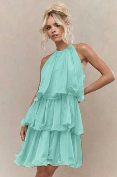 Hanging neck sleeveless chiffon ruffle edge dress