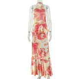 Printed waist cinching A-line skirt round neck sleeveless long dress