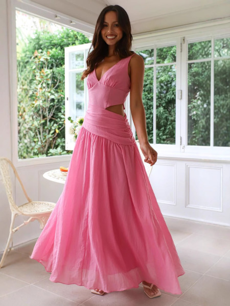 V-neck sleeveless solid color splicing large swing long dress