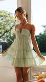 Strap V-neck long patchwork dress