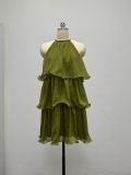 Hanging neck sleeveless chiffon ruffle edge dress