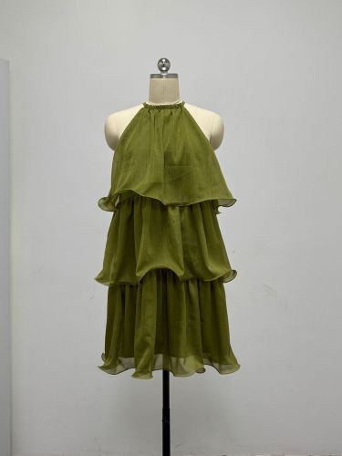 Hanging neck sleeveless chiffon ruffle edge dress