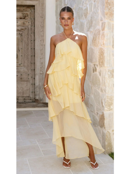 Hanging neck solid color cake chiffon dress