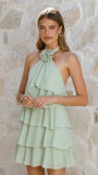 Backless hanging neck three-dimensional floral ruffle edge dress