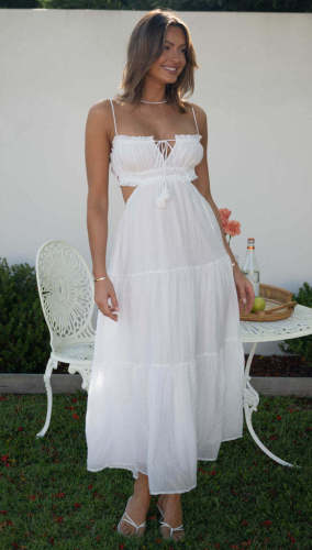 V-neck sleeveless solid color splicing large swing long dress