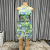 Printed gradient color discount lace multi-layer cake hanging neck and waist cinching short skirt