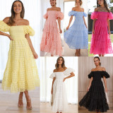 One collar lantern sleeve patchwork dress