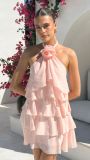 Backless hanging neck three-dimensional floral ruffle edge dress
