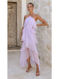 Hanging neck solid color cake chiffon dress
