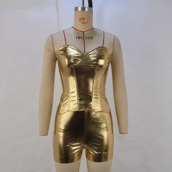Two piece set of faux leather metal colored shapewear and strapless shorts