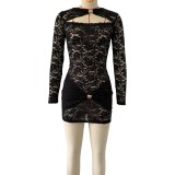 Hollow waist cinched lace long sleeved dress