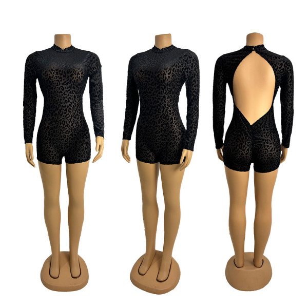 Backless perspective leopard print velvet jumpsuit