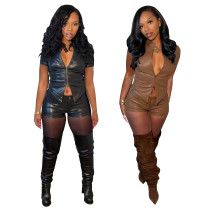 Stand collar double zipper short sleeved top and shorts two-piece set Stand collar double zipper short sleeved top and shorts two-piece set