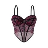 Leopard pattern patchwork bra strap lace see through outer fishbone bra
