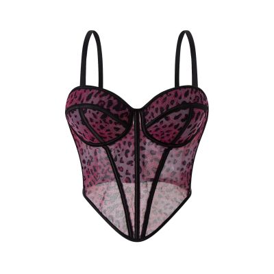 Leopard pattern patchwork bra strap lace see through outer fishbone bra