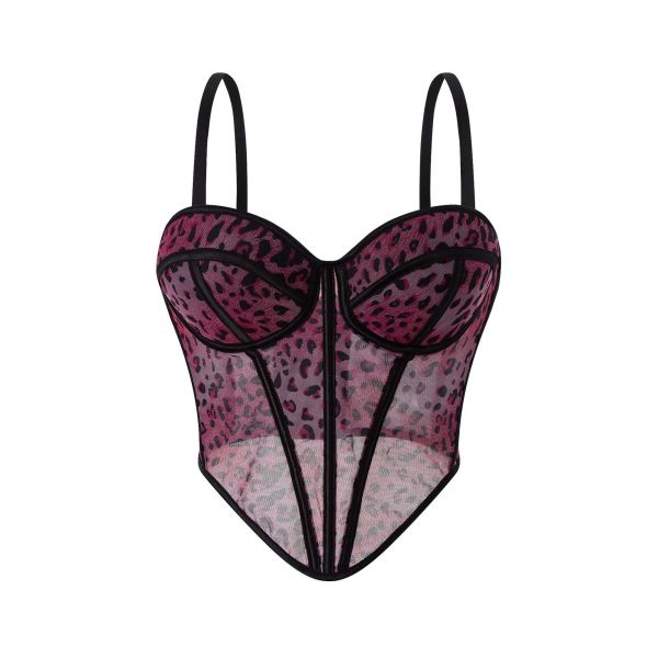 Leopard pattern patchwork bra strap lace see through outer fishbone bra