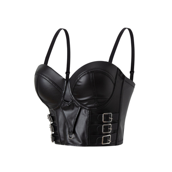 Imitation leather patchwork fishbone corset, strapless camisole, vest