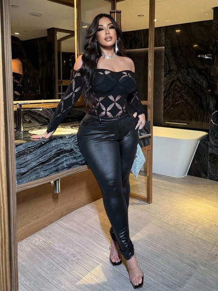Round neck long sleeved hollowed out one shoulder high waisted jumpsuit