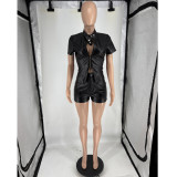 Stand collar double zipper short sleeved top and shorts two-piece set