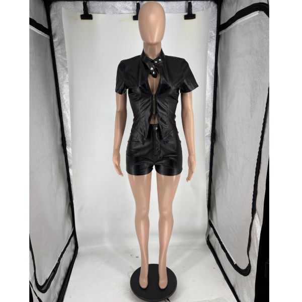 Stand collar double zipper short sleeved top and shorts two-piece set