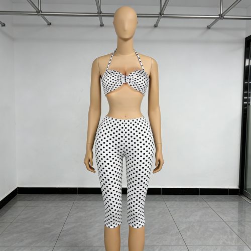 Spot printed camisole top waist up and hip up 7-inch pants set