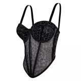 Leopard pattern patchwork bra strap lace see through outer fishbone bra