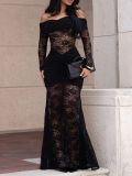 One shoulder long sleeved lace hip hugging dress