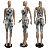 Wave print elastic hanging neck backless jumpsuit
