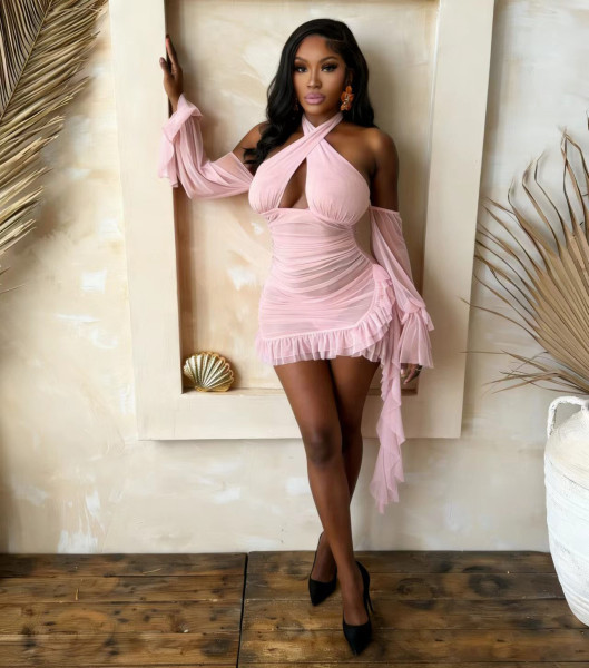 Mesh see through neck hanging, backless strap, pleated dress