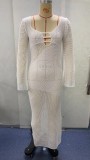 Hollow out long sleeved knitted low cut backless dress