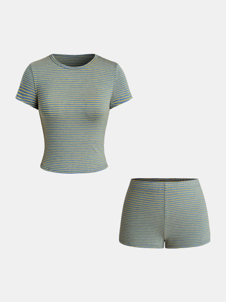 Striped shoulder short sleeved T-shirt top and shorts set