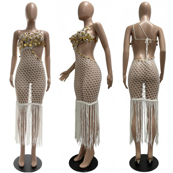 Knitted hand hook perspective sequin fringe strap beach skirt