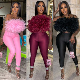 Feather strapless one shoulder backless elastic pants two-piece set