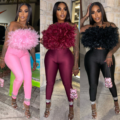 Feather strapless one shoulder backless elastic pants two-piece set