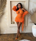 Mesh see through neck hanging, backless strap, pleated dress