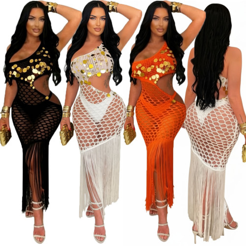 Knitted hand hook perspective sequin fringe strap beach skirt