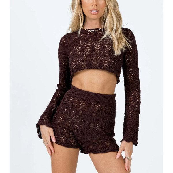 Hollow knit shorts set