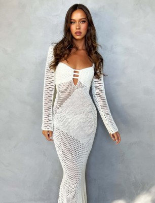Hollow out long sleeved knitted low cut backless dress