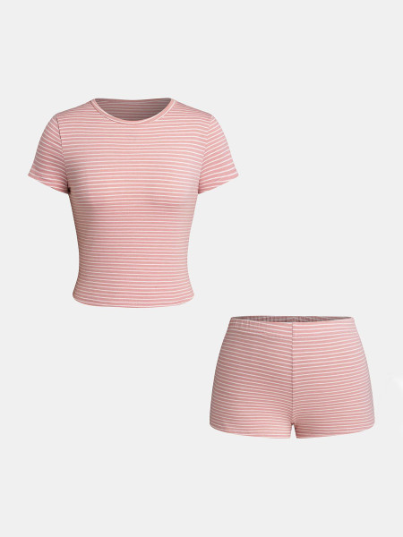 Striped shoulder short sleeved T-shirt top and shorts set