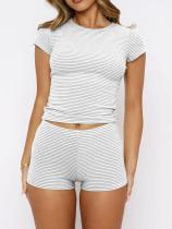 Striped shoulder short sleeved T-shirt top and shorts set