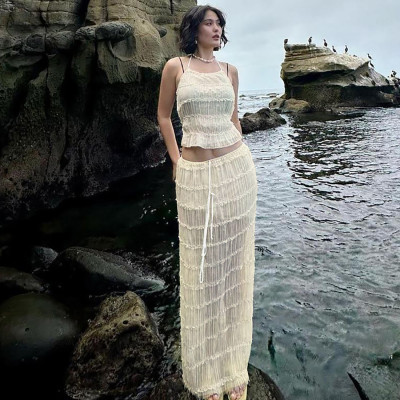 Backless chiffon high waisted long skirt two-piece set