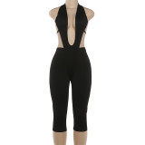 Deep V-neck solid color five part jumpsuit