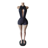 Hanging neck and backless printed jumpsuit with polka dot elastic jumpsuit