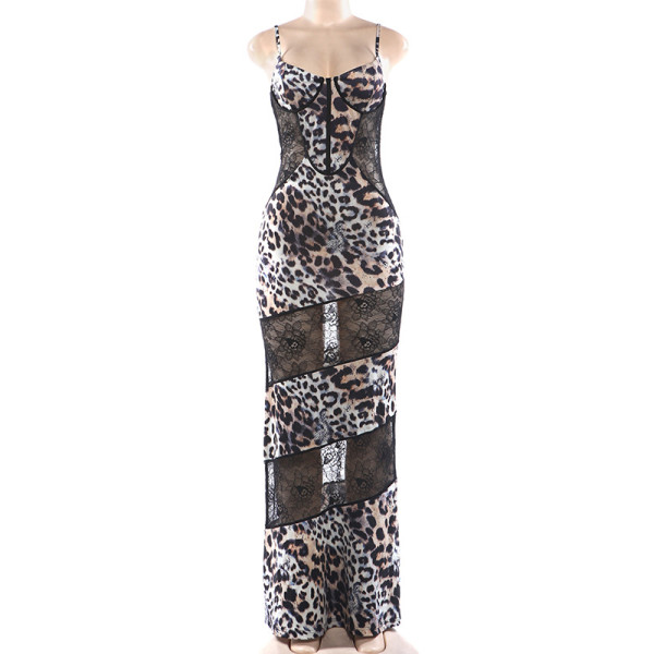 Strap leopard print lace patchwork see through dress