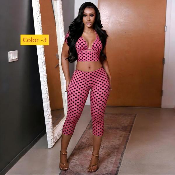 Hanging neck bikini top, polka dot top, pleated and hip hugging pants, three piece set J26ST079